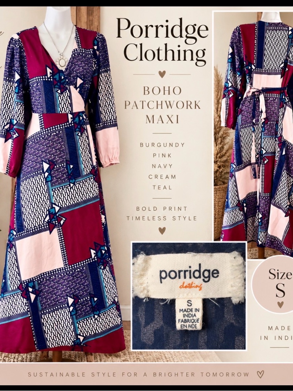 Porridge Clothing Patchwork Maxi Dress S Boho V-Neck Tie Back Burgundy Pink